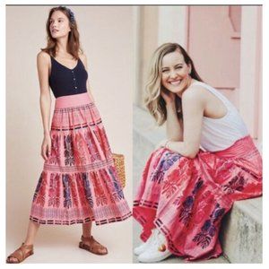 Anthropologie Blooming Print Auberte Poplin Tiered Midi Skirt Size 0 Pink